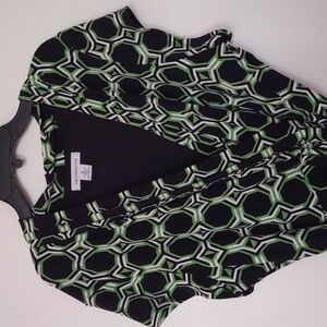 Liz Claiborne Geometric Black, White and Green Wrap Dress with Belt